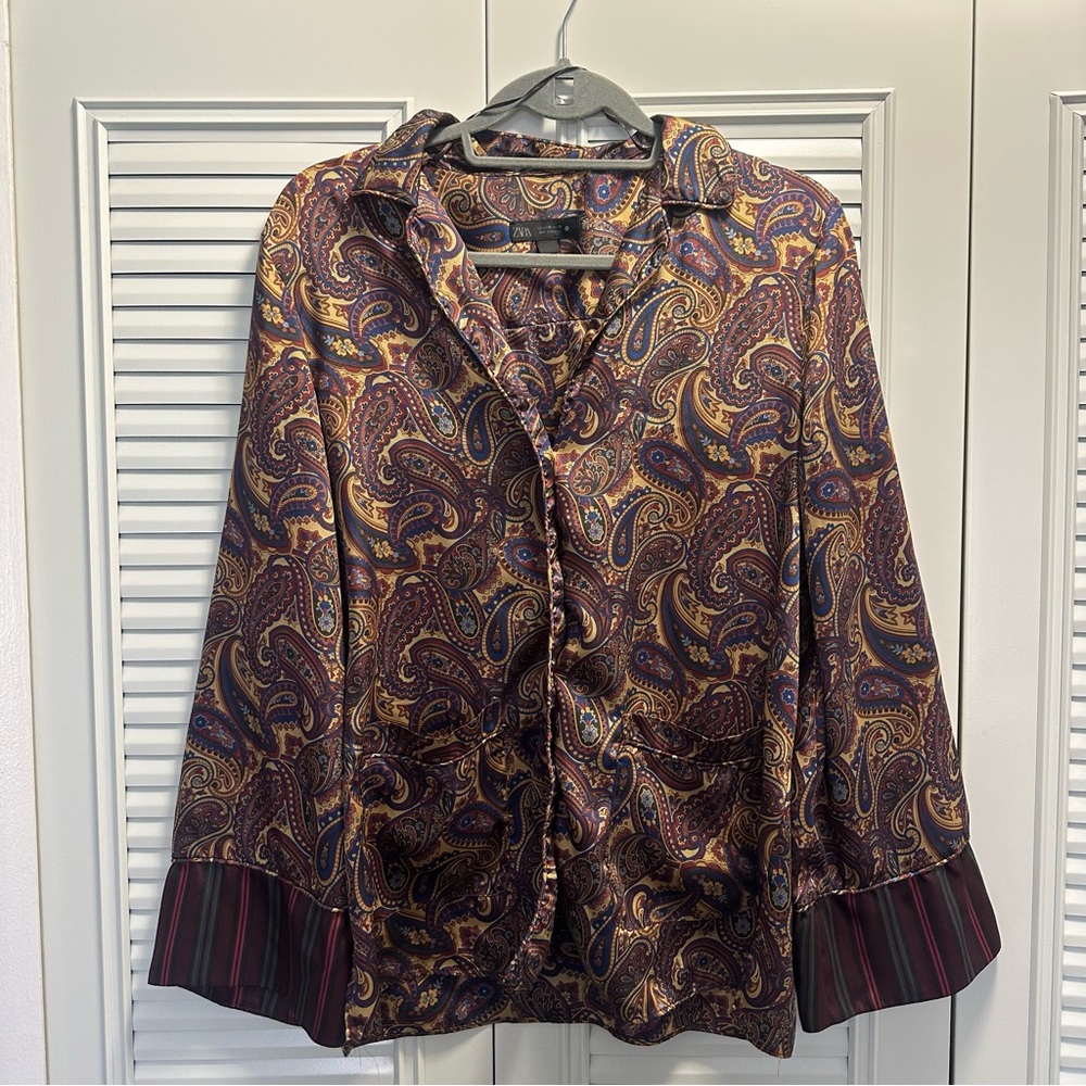 Zara Silky Paisley Button-Front Blouse - Burgundy & Gold